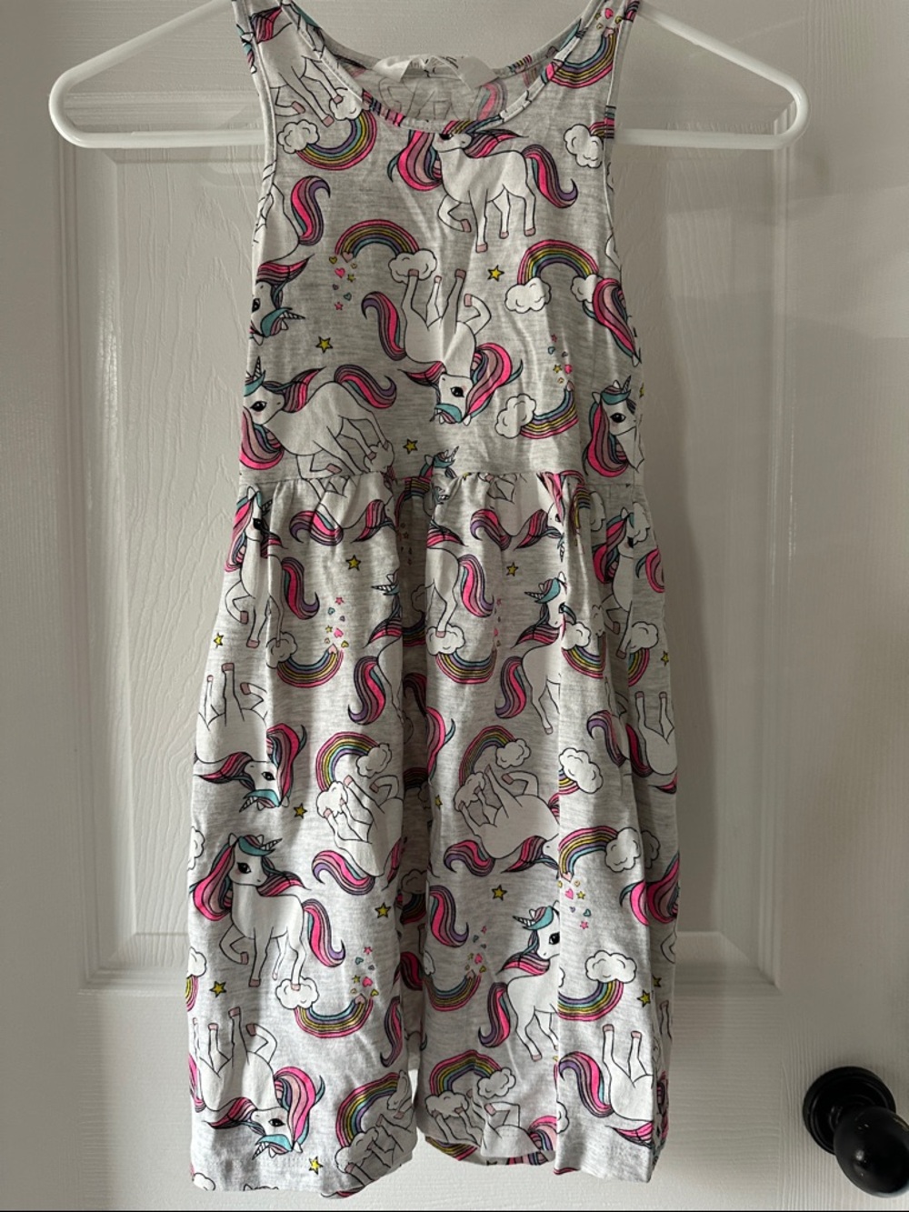 Girls Gray Unicorn Print Skater Dress with Pink & Rainbow Accents Sz 6-8